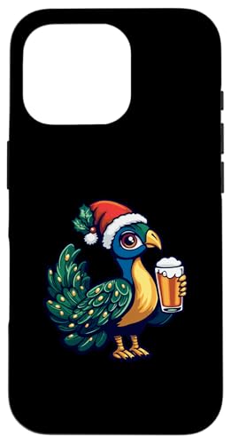 Hülle für iPhone 16 Pro Weihnachts-Pfauenvogel mit Bier | Weihnachtsparty von Xmas Party Holidays Inc