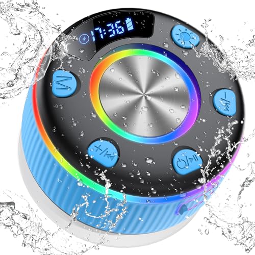 Bluetooth Lautsprecher Dusche, Musikbox bluetooth mit RGB Lichtshow, IP7 Wasserdichter Bluetooth Duschlautsprecher mit Saugnapf, Tragbare Speaker mit Stereo Sound, Freisprechfunktion, Mikrofon, Blau von Xuevcn