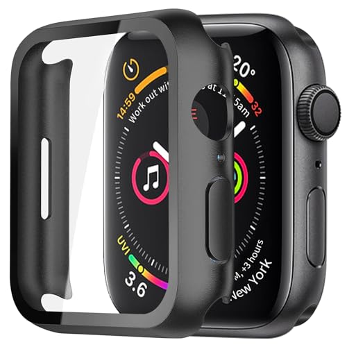 XunyLyee 1-Stück Hülle mit Displayschutz Kompatibel mit Apple Watch S6/S5/S4/SE(2022/2020) 44 mm, Ultradünne Glas Displayschutz, 9H Härte (Schwarz) von XunyLyee