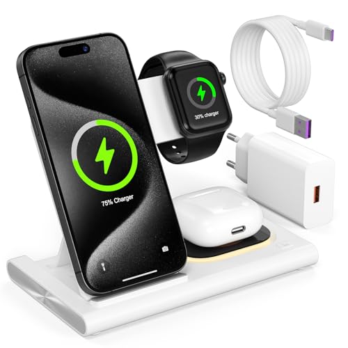 3 in 1 Ladestation Für Apple Watch 9 8 7 und iPhone 15 14 13 12 11 Pro Max AirPords, Faltbar Induktive Kabelloses Ladegerät, 15W Wireless Charging Station Charger Für Apple mit 18W Adapter Stecker von Xwartre