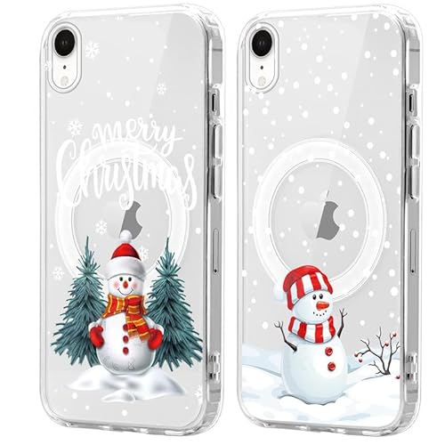 Xylota 2 Stück Magnetisch Hülle für iPhone XR 6.1 '' [Kompatibel mit MagSafe], Weihnachten Transparent Handyhülle, Stoßfeste Weihnachtsmann Mode Christmas Klare Schutzhülle für iPhone XR，Schneemann von Xylota