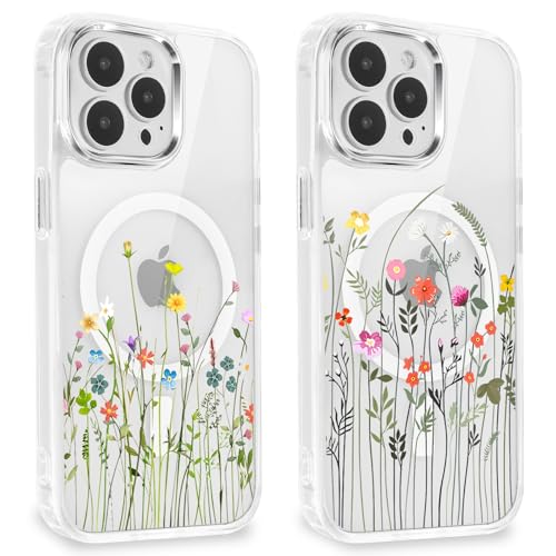 Xylota 2 Stück Magnetische Handyhülle für iPhone 15 Pro 6,1" Hülle,Kompatibel mit MagSafe,Transparent Aesthetic Blumen Muster Mädchen Case,Weich Silikon TPU Stoßfeste Schutzhülle für iPhone 15 Pro,03 von Xylota