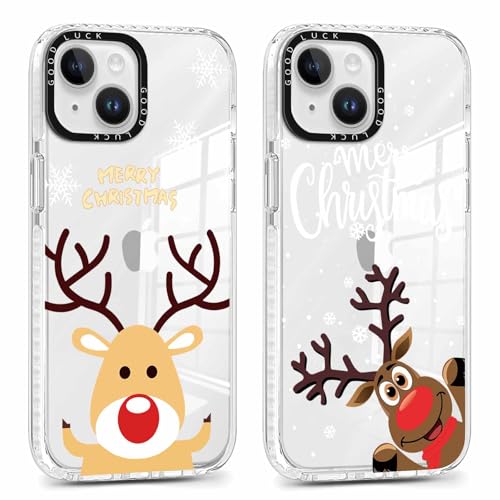 Xylota 2 Stück Weihnachten Handyhülle für iPhone 14/iPhone 13 6,1" Hülle, Transparent Christmas Case mit Weihnachts Süß Muster Hirsch, Weich Silikon TPU Stoßfeste Mädchen Schutzhülle, Elch 02 von Xylota