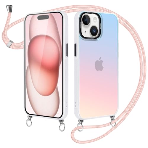 Xylota Handykette für iPhone 15 Plus 6.7 '' Hülle mit Band, Bunt Matt Silikon Handyhülle Bumper Case mit Kette Kordel Schlüsselband, TPU Stoßfeste Schutzhülle für iPhone 15 Plus zum Umhängen, Rosa von Xylota