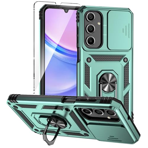 Xzmysxg für Samsung Galaxy A16 5G / 4G Hülle, für Samsung A16 Handyhülle Kameraschutz Slide Camera Mit Schutzfolie, Drehbarer Fingerring Ständer Militärqualität Schutzhülle (Dunkelgrün) von Xzmysxg