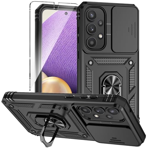 Xzmysxg für Samsung Galaxy A35 5G Hülle, für Samsung A35 Handyhülle Kameraschutz Slide Camera und 1 Stück Schutzfolie, Drehbarer Fingerring Ständer Militärqualität Schutzhülle (Schwarz) von Xzmysxg