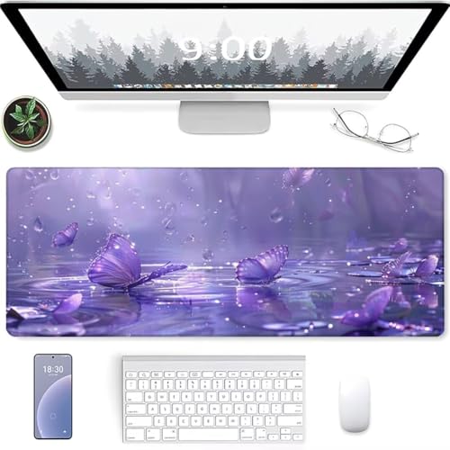 Gaming Mauspad XXL 800 x 400mm - Großes Mousepad - rutschfeste Schreibtischunterlage für Gaming und Büro - Fransenfreie Ränder - Präzises und langlebiges Large Mouse pad Lila Schmetterling von YALNSENN