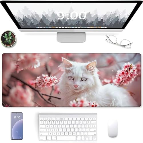 Mauspad XXL Speed Gaming 1000x500, Schreibtischunterlage, Gamer Mouse Pad, Wasserdicht Mousepad, Spezielle Oberfläche verbessert Präzision und Geschwindigkeit, rutschfeste KirschblüTen Katze von YALNSENN