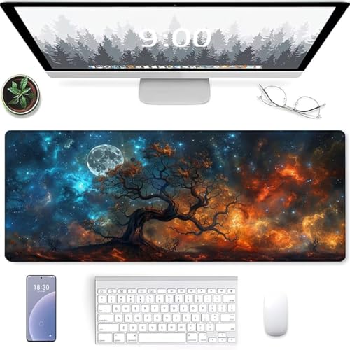 Mouse Pad - 600 x 300mm Computer-Mauspad mit Anti-Rutsch-Gummiboden, Leichtes Gleiten, Spritzwassergeschützt, Langlebige Materialien, Tragbar, Frisches, modernes Design Sternenhimmel Baum von YALNSENN