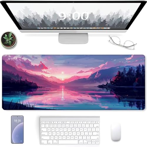 Mouse Pad - 800 x 400mm, Computer-Mauspad mit Anti-Rutsch-Gummiboden, Leichtes Gleiten, Spritzwassergeschützt, Langlebige Materialien, Tragbar, Frisches, modernes Design - Sonnenuntergang See von YALNSENN