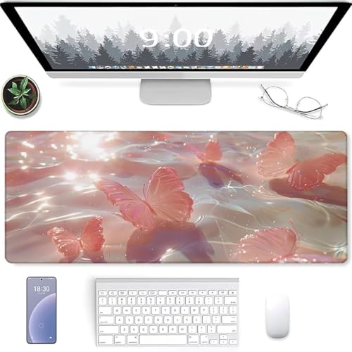 Mouse Pad - 800x300 Computer-Mauspad mit Anti-Rutsch-Gummiboden, Leichtes Gleiten, Spritzwassergeschützt, Langlebige Materialien, Tragbar, Frisches, modernes Design Rosa Schmetterling von YALNSENN