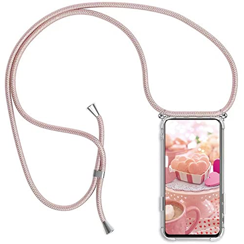 YAMCCCSE Handykette Handyhülle für LG K22 mit Band - Transparent Handy-Kette Handy Hülle mit Kordel zum Umhängen Handyanhänger Halsband Lanyard Case - Roségold von YAMCCCSE