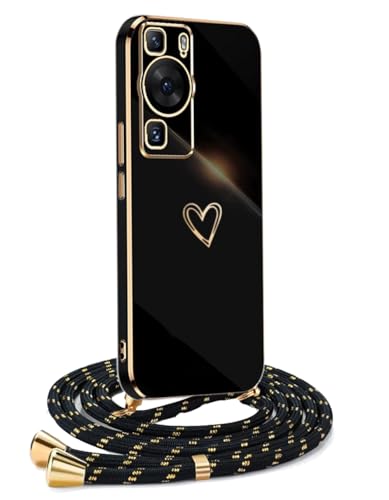 YAMCCCSE Handykette für Huawei P60 Pro Hülle mit Band, Stoßfeste Silikon Handyhülle mit Love Herz Galvanik Kordel Schutzhülle, Frauen Mädchen Hülle mit Band, Schwarz Gold von YAMCCCSE