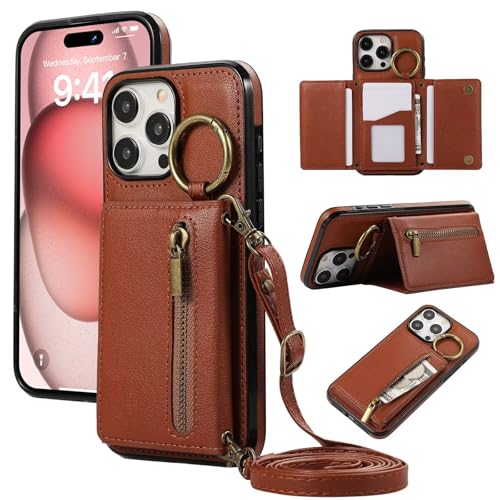 ESONG handykette Wallet Schutzhülle für Samsung Galaxy S24 Ultra, Geldbörse Leder Stoßfest Frauen Ring Case Cover mit Kordel Band, Kartenfach, Ständer, Brieftasche klapphandyhülle Kaffee von YANJIEER