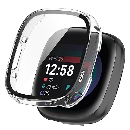 YAODLE Kompatibel mit Fitbit Sense 2/Versa 4 Hülle mit 9H gehärtetem Glas Displayschutzfolie, volle Abdeckung, ultradünne PC-Abdeckung, Stoßfänger (transparent) von YAODLE