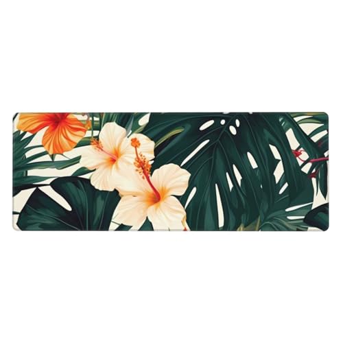 Tastaturunterlage mit tropischem Sommer, Hawaii-Blume, Palmenblätter, extra groß, gummiert, verschleißfest, angenehm anzufassen, geeignet für Desktop-Laptops von YAzgaN