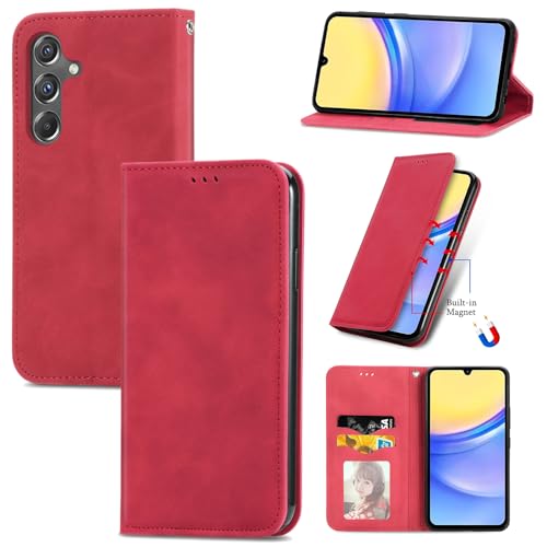 YBROY Handyhülle für Samsung Galaxy A15 5G Hülle, Mit Kartenfach und Standfunktion, Premium Leder Flip Cover Brieftasche Case, Schutzhülle für Samsung Galaxy A15 5G.(Rot) von YBROY