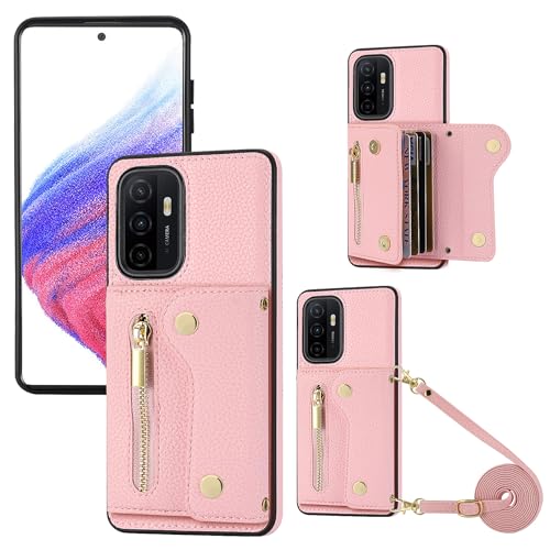 YDIJCYAN für Samsung Galaxy A33 Hülle mit Band,Handyhülle Handykette Case Handy Hülle, Leder Cover Klapphülle Reißverschluss Stoßfest Schutzhülle mit Kreditkartenfach (Rosa) von YDIJCYAN