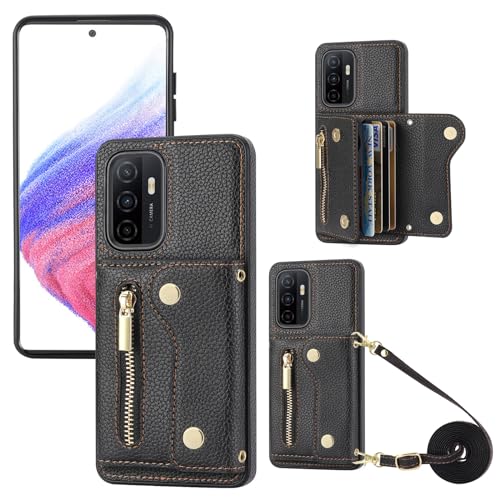 YDIJCYAN für Samsung Galaxy A53 5G Hülle mit Band,Handyhülle Handykette Case Handy Hülle, Leder Cover Klapphülle Reißverschluss Stoßfest Schutzhülle mit Kreditkartenfach (Schwarz) von YDIJCYAN