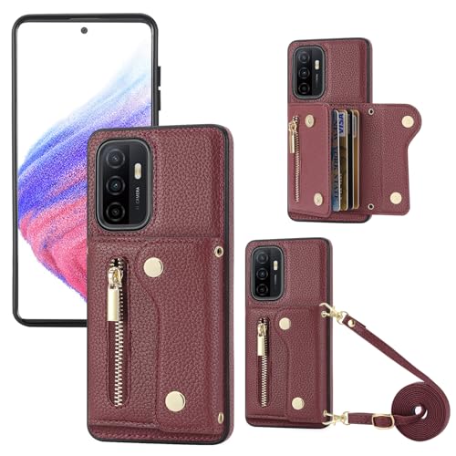 YDIJCYAN für Samsung Galaxy A53 5G Hülle mit Band,Handyhülle Handykette Case Handy Hülle, Leder Cover Klapphülle Reißverschluss Stoßfest Schutzhülle mit Kreditkartenfach (rot) von YDIJCYAN