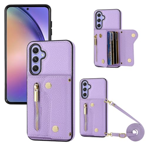 YDIJCYAN für Samsung Galaxy A54 5G Hülle mit Band,Handyhülle Handykette Case Handy Hülle, Leder Cover Klapphülle Reißverschluss Stoßfest Schutzhülle mit Kreditkartenfach (Lila) von YDIJCYAN