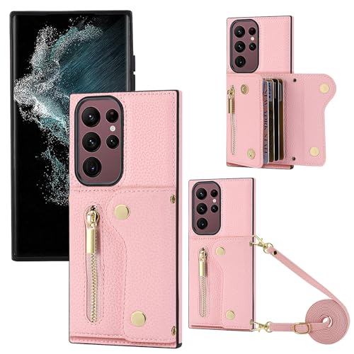 YDIJCYAN für Samsung Galaxy S22 Ultra Hülle mit Band,Handyhülle Handykette Case Handy Hülle, Leder Cover Klapphülle Reißverschluss Stoßfest Schutzhülle mit Kreditkartenfach (Rosa) von YDIJCYAN