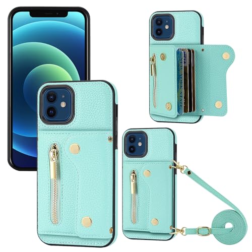 YDIJCYAN für iPhone 12 Pro Hülle mit Band,Handyhülle Handykette Case Handy Hülle, Leder Cover Klapphülle Reißverschluss Stoßfest Schutzhülle mit Kreditkartenfach (grün) von YDIJCYAN