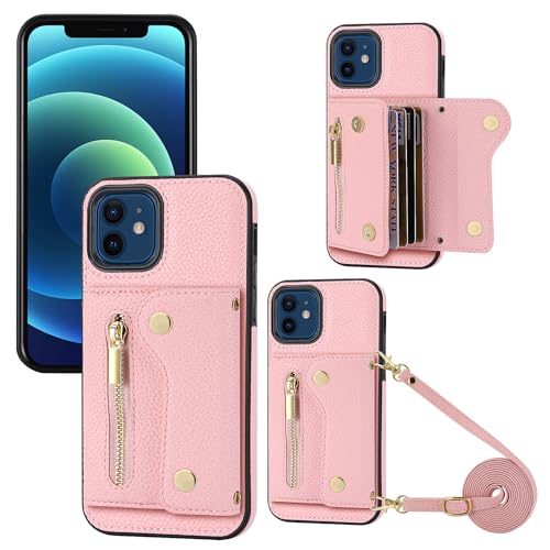 YDIJCYAN für iPhone 13 Hülle mit Band,Handyhülle Handykette Case Handy Hülle, Leder Cover Klapphülle Reißverschluss Stoßfest Schutzhülle mit Kreditkartenfach (Rosa) von YDIJCYAN