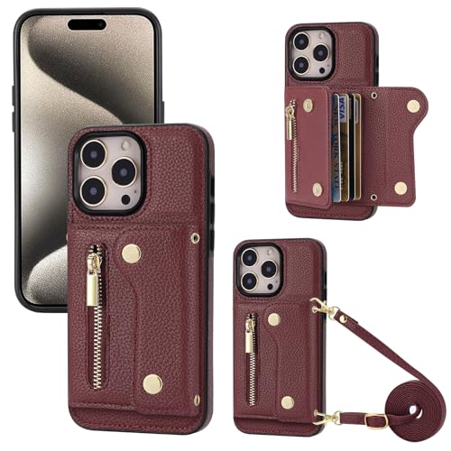 YDIJCYAN für iPhone 13 Pro Max Hülle mit Band,Handyhülle Handykette Case Handy Hülle, Leder Cover Klapphülle Reißverschluss Stoßfest Schutzhülle mit Kreditkartenfach (rot) von YDIJCYAN