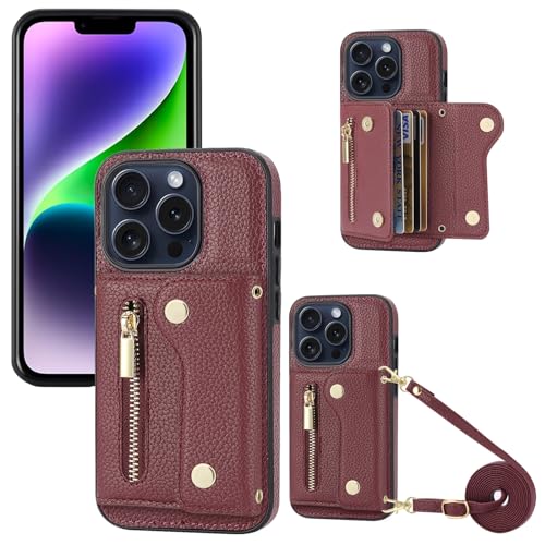 YDIJCYAN für iPhone 14 Pro Max Hülle mit Band,Handyhülle Handykette Case Handy Hülle, Leder Cover Klapphülle Reißverschluss Stoßfest Schutzhülle mit Kreditkartenfach (rot) von YDIJCYAN