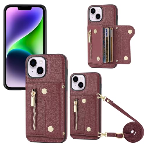 YDIJCYAN für iPhone 15 Plus Hülle mit Band,Handyhülle Handykette Case Handy Hülle, Leder Cover Klapphülle Reißverschluss Stoßfest Schutzhülle mit Kreditkartenfach (rot) von YDIJCYAN