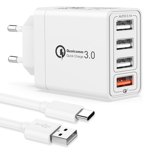 USB Ladegerät Mehrfach mit 1M USB C Kabel, USB Netzteil 4 Ports 33W USB Schnellladegerät Mehrfach mit QC3.0 Ladegerät USB Adapter Steckdose Ladestecker für iPhone 16 15 Plus,Samsung S24/S23/S21,Handy von YEONPHOM