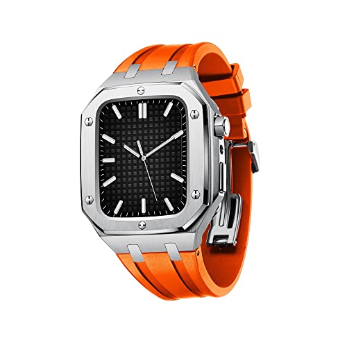 YEXIONGYAN Schutzhülle für Apple Watch, für Damen und Herren, mit Silikonband, stoßfest, 45 mm, 44 mm (Farbe: Silber-Orange, Größe: 44 mm für 6/5/4/SE) von YEXIONGYAN