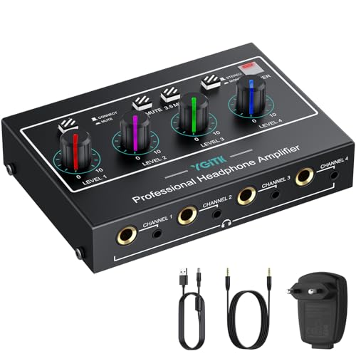 YGiTK 4 Kanal Ultra Stereo-Kopfhörerverstärker mit RGB, Professionell Headphone Amplifier Mono/Stereo RCA 5mm&6.35mm Eingang/Ausgang mit Netzteil Audiokabel für kleine Clubs Bars Bühnenmixer von YGiTK