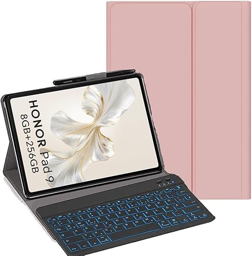 YHFZR Tastatur Hülle für Honor Pad 9 Tablet, [Deutsches QWERTZ] Slim Hülle mit 7 Farben Beleuchtung Kabellose Tastatur mit Schützhülle für Honor Pad 9 Tablet 12,1 Zoll, Rosa von YHFZR