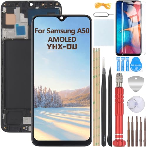 YHX-OU 6.4" Schwarz+Rahmen AMOLED Display für Samsung Galaxy A50 SM-A505F SM-A505U LCD Display Touchscreen Ersatz Bildschirm(Support Fingerprint) mit Werkzeug+ 1 Stück Schutzfolie von YHX-OU