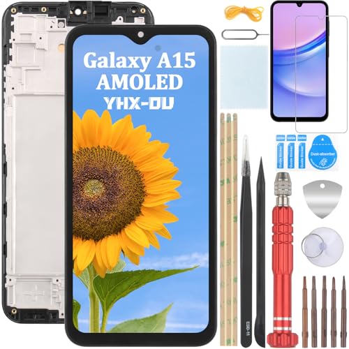 YHX-OU 6.5'' AMOLED Display mit Rahmen Für Samsung Galaxy A15 4G SM-A155F SM-A155P SM-A155R LCD Display Touchscreen Bildschirm Digitizer Assembly Glas mit Werkzeug+ 1 Stück Schutzfolie von YHX-OU