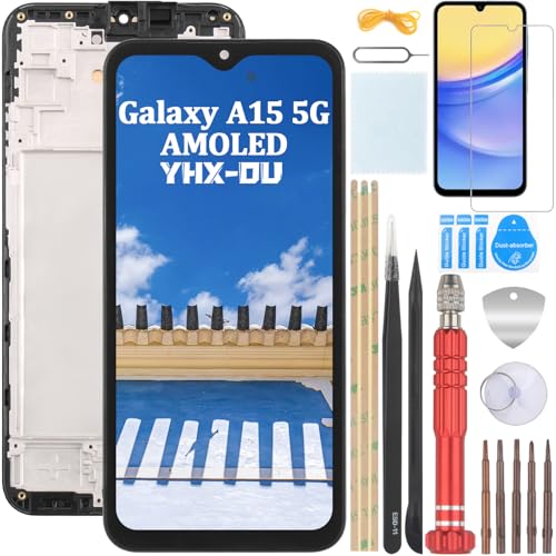 YHX-OU 6.5'' Schwarz + Rahmen AMOLED Display Für Samsung Galaxy A15 5G SM-A156B SM-A156P SM-A156U LCD Display Touchscreen Bildschirm Digitizer Assembly Glas mit Werkzeug+ 1 Stück Schutzfolie von YHX-OU