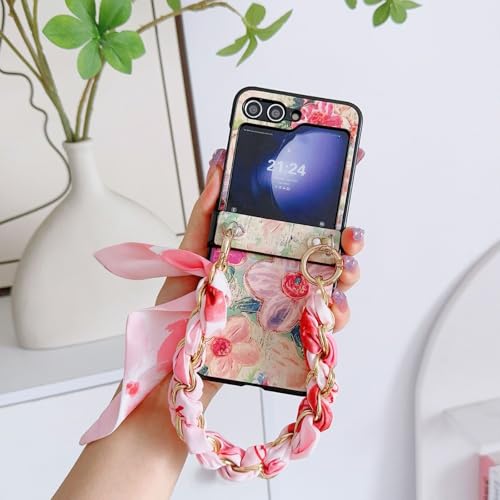 Schutzhülle für Samsung Galaxy Z Flip 6, Blumenmuster, Schmetterling, Wellen, bunte Punkte, mit Handkette, Handschlaufe, Seidenschal, Armband für Damen, schlanke, stoßfeste Hülle (rosa Blumen) von YHZXT