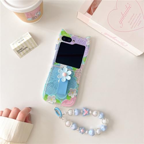 Schutzhülle für Samsung Galaxy Z Flip 6, Katzenohren, buntes Retro-Ölgemälde, bedruckte Blume, stilvolle Schutzhülle mit Fingerringverschluss und Armband (blaue Blütenblätter + Ring + Kette) von YHZXT