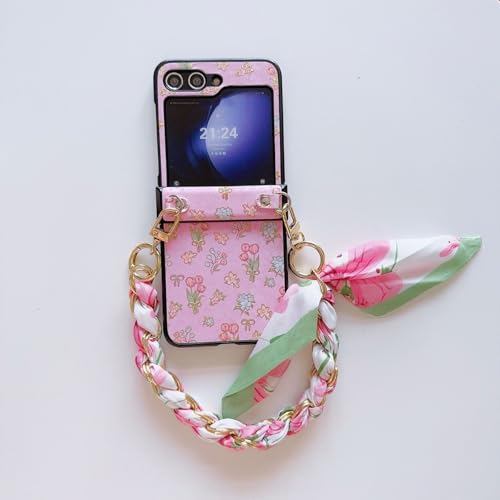 Schutzhülle für Samsung Galaxy Z Flip 6, florale Tulpen, Blumen, gepunktet, Liebesherz mit Handkette, Handschlaufe, Seidentuch, Armband für Damen, schlanke, stoßfeste Hülle (Tulpenrosa) von YHZXT