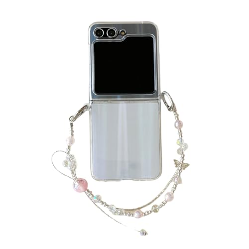 Schutzhülle für Samsung Galaxy Z Flip 6, luxuriös, mit Schmetterlingsmotiv, Kartenfach und Armband, niedlicher Diamant-Schmetterling-Ständer, Glitzer, elegant, stoßfest, für Damen (rosa Perlenarmband) von YHZXT