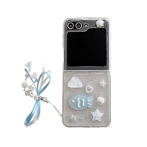 Schutzhülle für Samsung Galaxy Z Flip 6, niedliche, klare stereoskopische Gelatine-Muscheln, Sterne, Fische, elegant, stoßfest, Hartschale mit Anhänger (transparent) von YHZXT