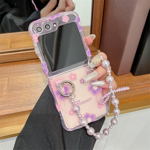 Schutzhülle für Samsung Galaxy Z Flip 6, rosa und violette Blumen, Blütenblattmuster, verdrehte Kanten, stilvoll, weich, Schutzhülle mit Armband (lila Blumen + Armband) von YHZXT