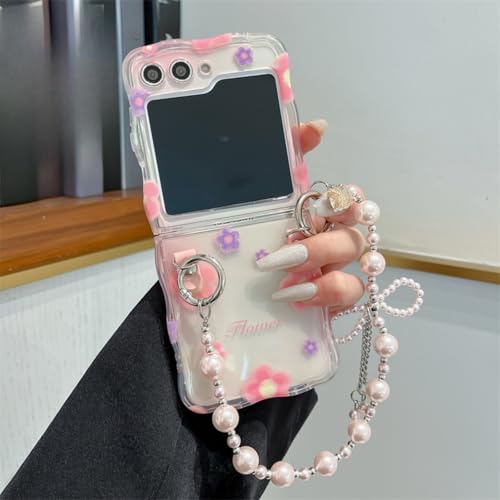 Schutzhülle für Samsung Galaxy Z Flip 6, rosa und violette Blumen, Blütenblattmuster, verdrehte Kanten, stilvoll, weich, Schutzhülle mit Armband (rosa Blumen + Armband) von YHZXT