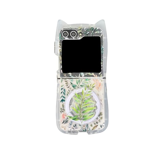 Schutzhülle mit Blumenmuster für Samsung Galaxy Z Flip 6 für Damen und Mädchen, hübsches Blumen-Blatt-Design mit magnetischer Halterung und Armband, weiche Silikon-Schutzhülle (Blatt + Halterung) von YHZXT