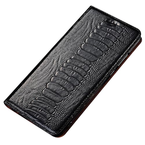 YHZXT Schutzhülle für iPhone 16 Plus, Klappkartenfächer, Straußenprägung, elegante Echtlederhülle, Schwarz, 16 Plus von YHZXT