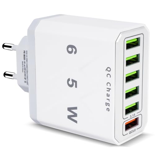 YIIFELL USB Ladegerät, 65W 6-Port USB Ladegerät mit Intelligent QC 3.0 Schnellladegerät Mehrfach Ladestecker USB Netzteil für iPhone 15 14 13 12 11 Pro Max SE 2020 XS XR 8 7, Samsung, Handys von YIIFELL