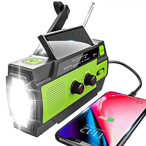 YIKANWEN Solar Radio,AM/FM Kurbelradio Tragbar USB Notfallradio mit 4000mAh Wiederaufladbare Batterie, Led Taschenlampe, SOS Alarm und Handkurbel Dynamo für Camping, Reisen (Grün) von YIKANWEN