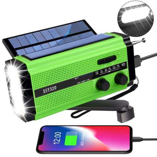 YIKANWEN Tragbare Solar Radio,AM/FM Kurbelradio mit Wiederaufladbare 5000mAh Batterie Powerbank, LED Taschenlampe & Leseleuchte SOS Alarm für Camping Ourdoor(Grün) von YIKANWEN